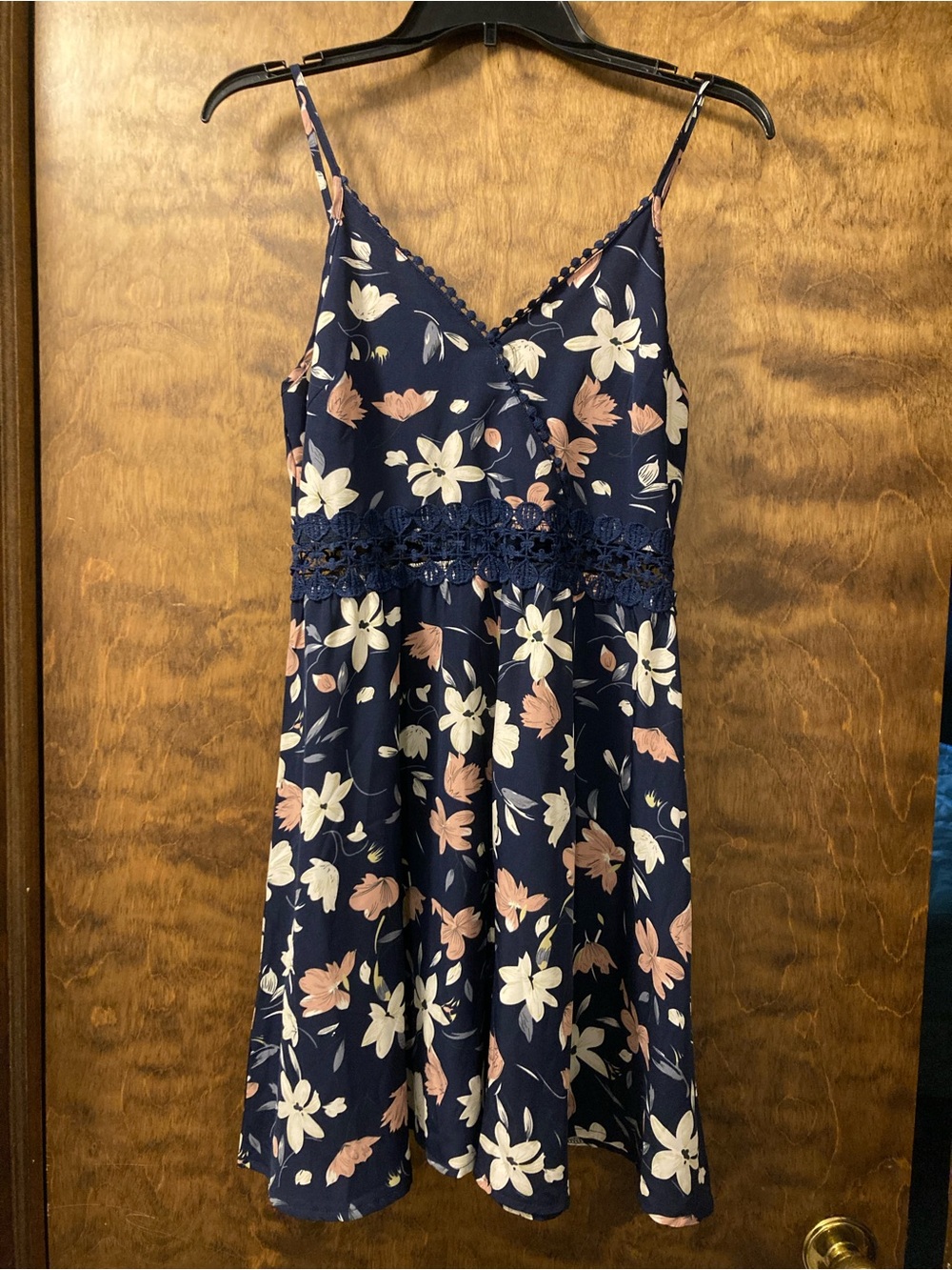 SHEIN Navy Blue Floral Midi Dress with Cream & Blush Flowers